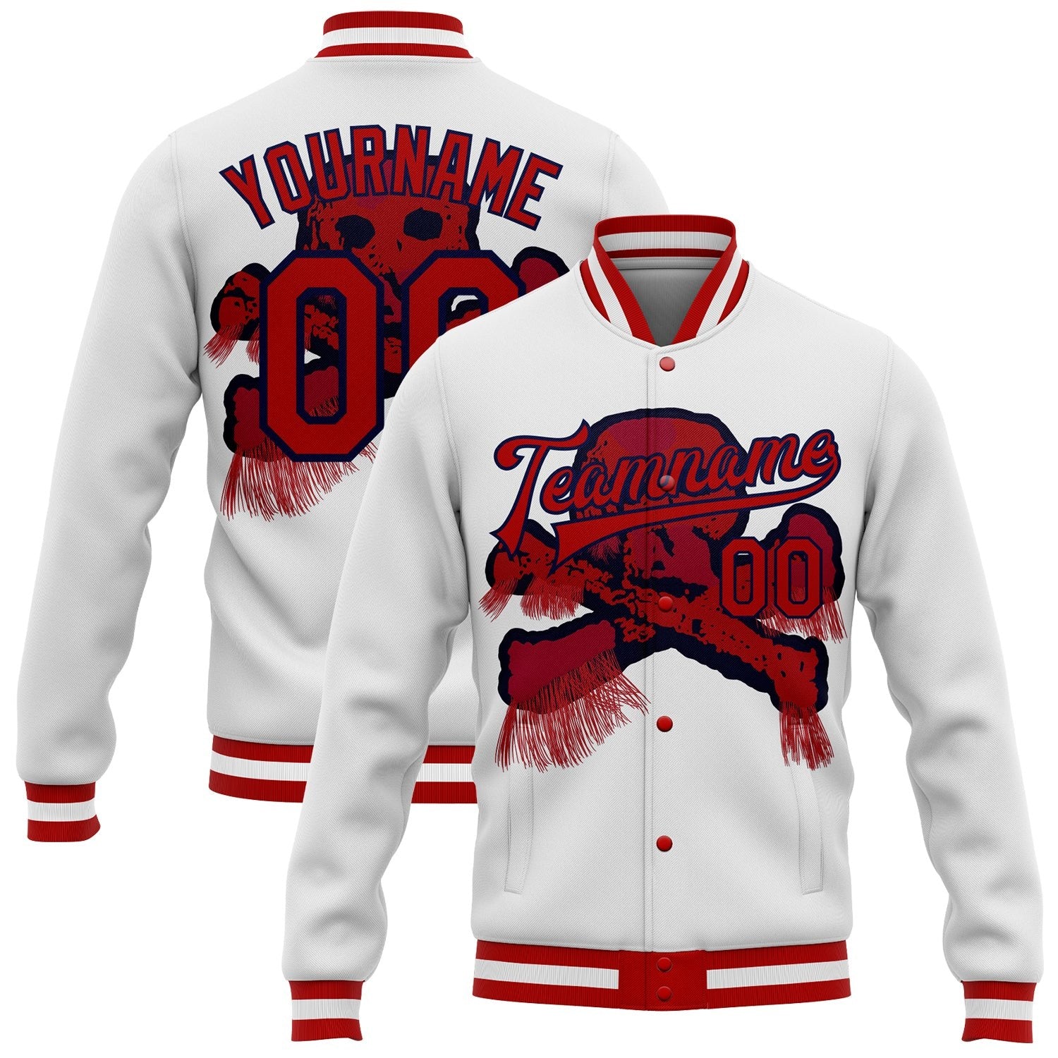 Custom White Red-Navy Skull Fashion 3D Bomber Full-Snap Varsity Letterman Jacket photo 1