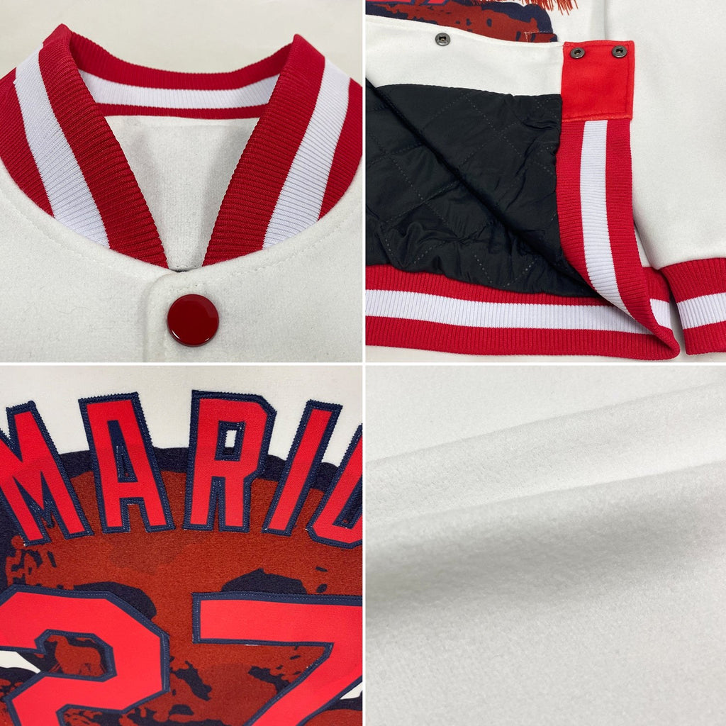 Custom White Red-Navy Skull Fashion 3D Bomber Full-Snap Varsity Letterman Jacket photo 4