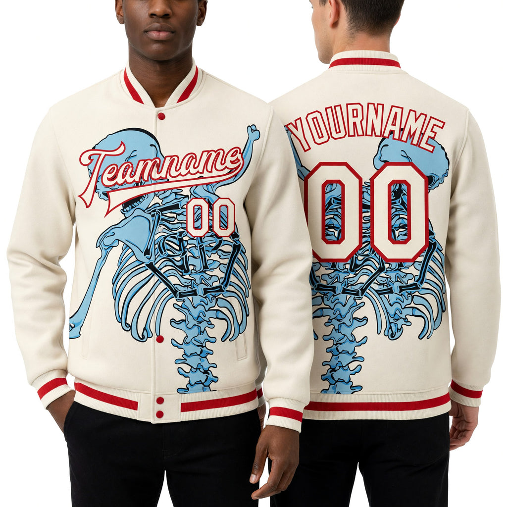 Custom Cream Red Skull Fashion 3D Bomber Full-Snap Varsity Letterman Jacket worn front and back
