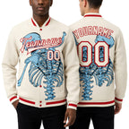 Custom Cream Red Skull Fashion 3D Bomber Full-Snap Varsity Letterman Jacket worn front and back