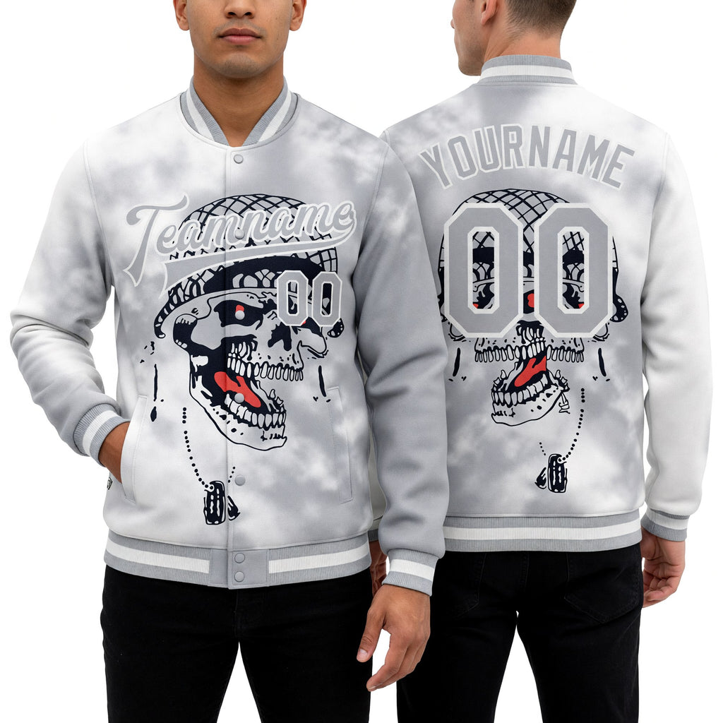 Custom Gray White Skull Fashion 3D Bomber Full-Snap Varsity Letterman Jacket worn front and back
