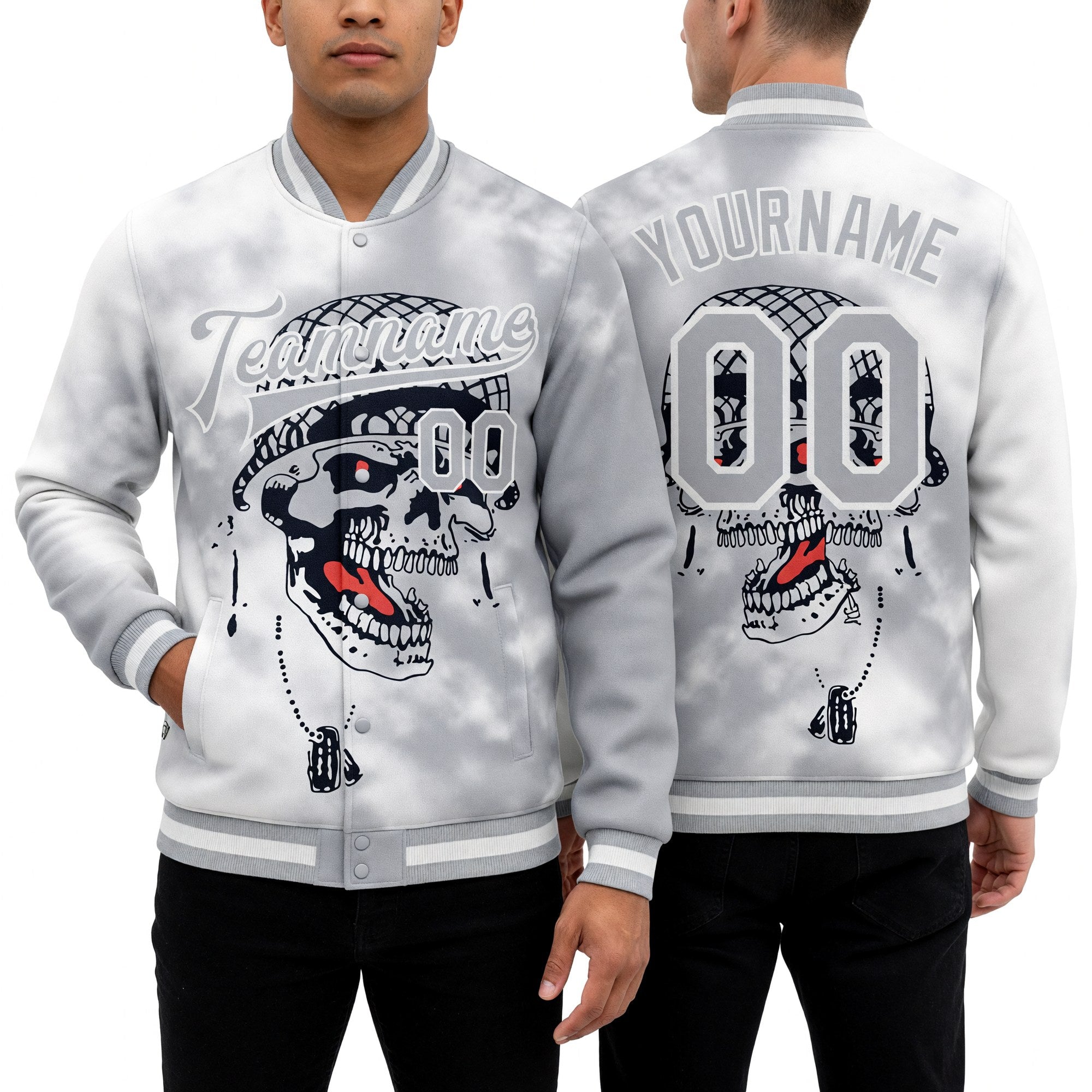 Custom Gray White Skull Fashion 3D Bomber Full-Snap Varsity Letterman Jacket worn front and back