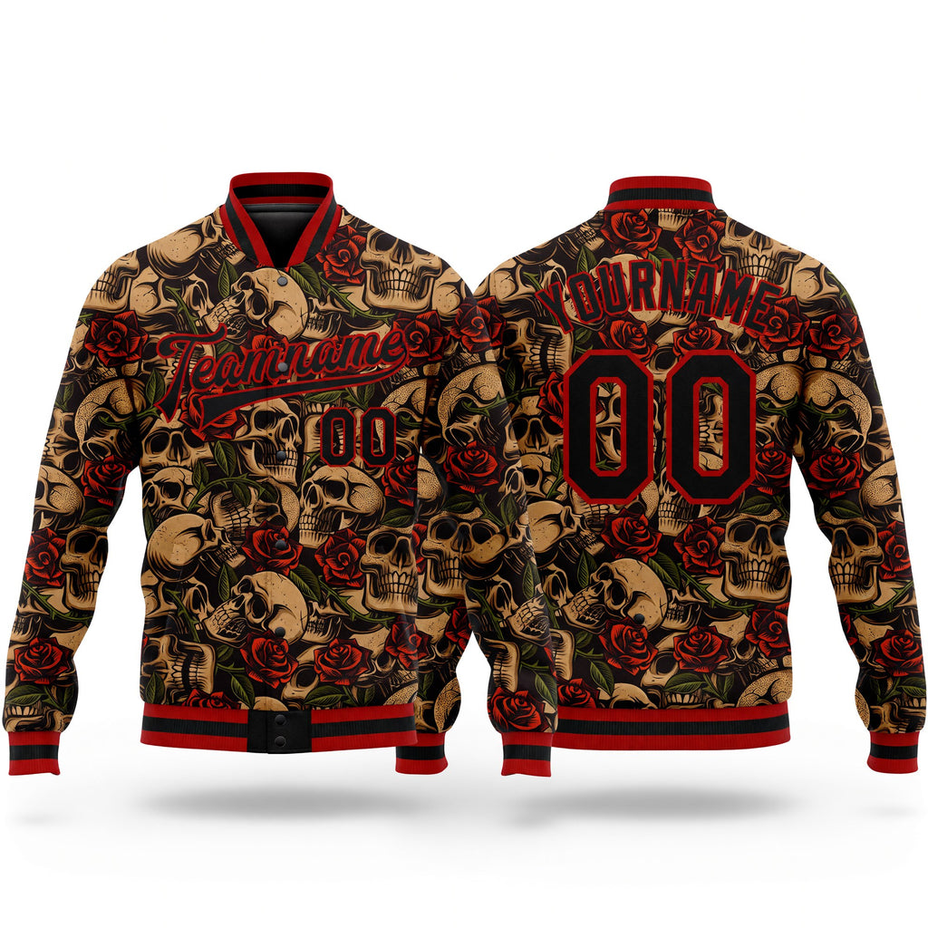 Custom Black Red Rose Skull Fashion 3D Bomber Full-Snap Varsity Letterman Jacket