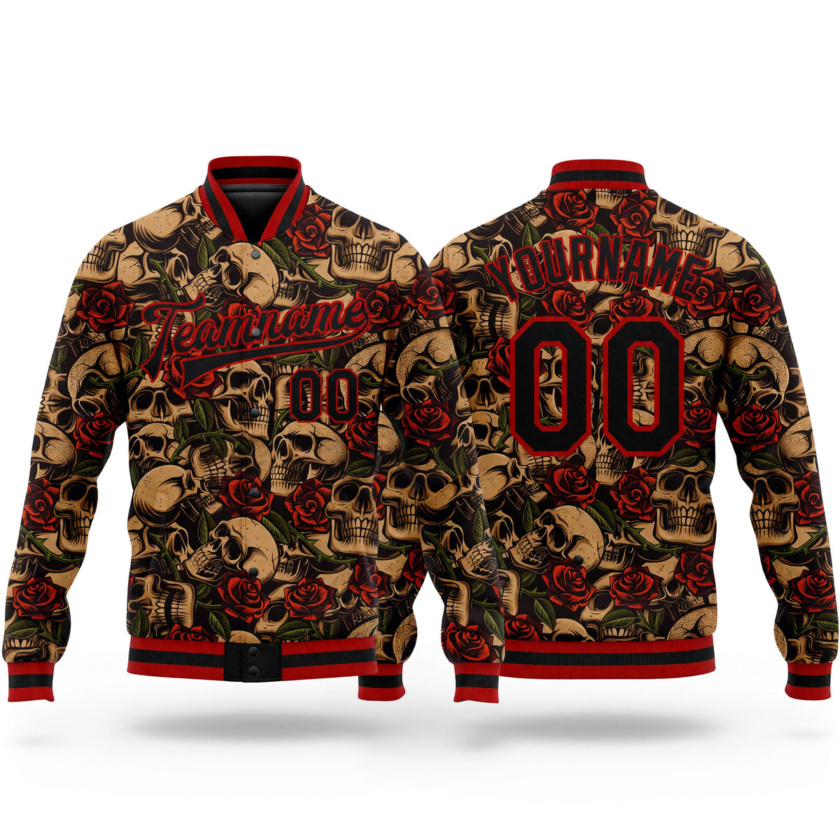 Custom Black Red Rose Skull Fashion 3D Bomber Full-Snap Varsity Letterman Jacket