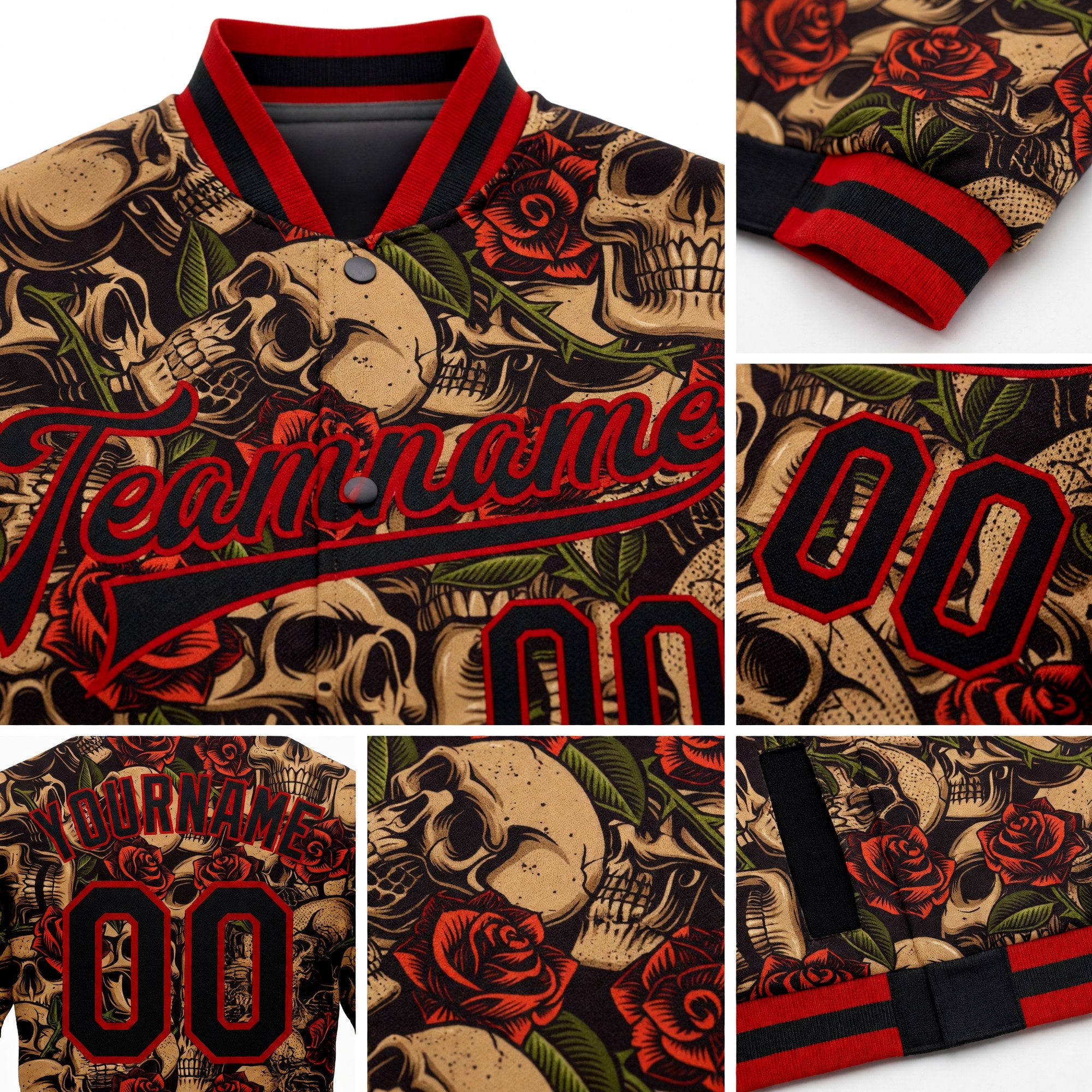 Custom Black Red Rose Skull Fashion 3D Bomber Full-Snap Varsity Letterman Jacket detail