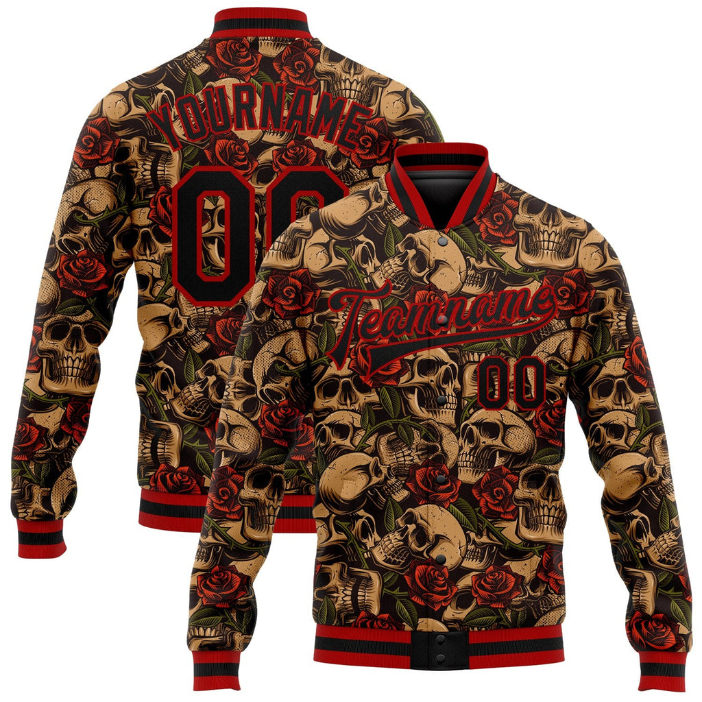 Custom Black Red Rose Skull Fashion 3D Bomber Full-Snap Varsity Letterman Jacket photo 1