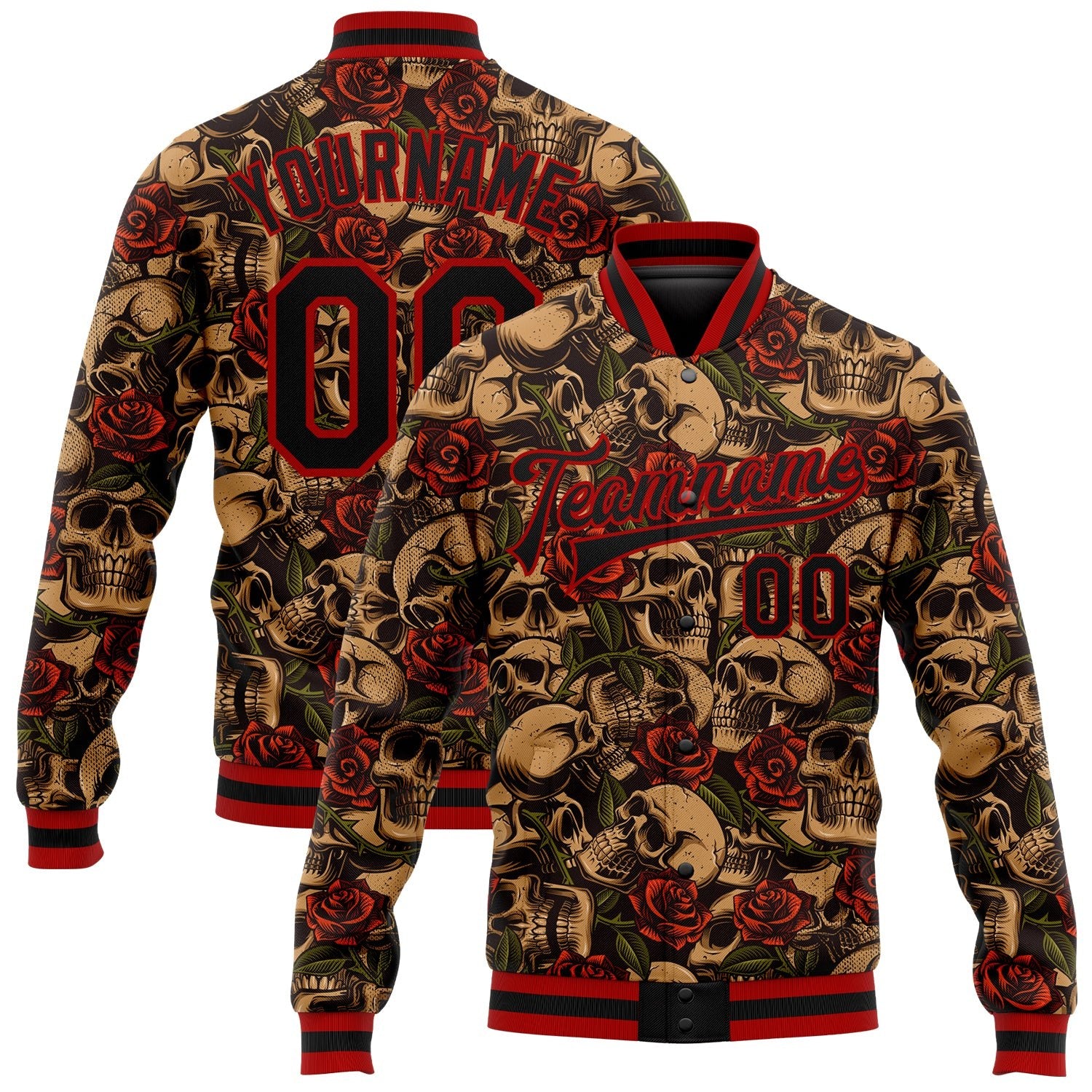 Custom Black Red Rose Skull Fashion 3D Bomber Full-Snap Varsity Letterman Jacket photo 1