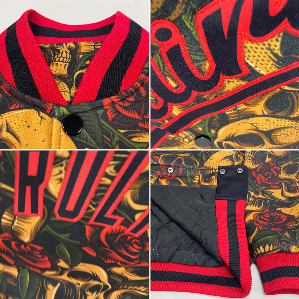 Custom Black Red Rose Skull Fashion 3D Bomber Full-Snap Varsity Letterman Jacket photo 4
