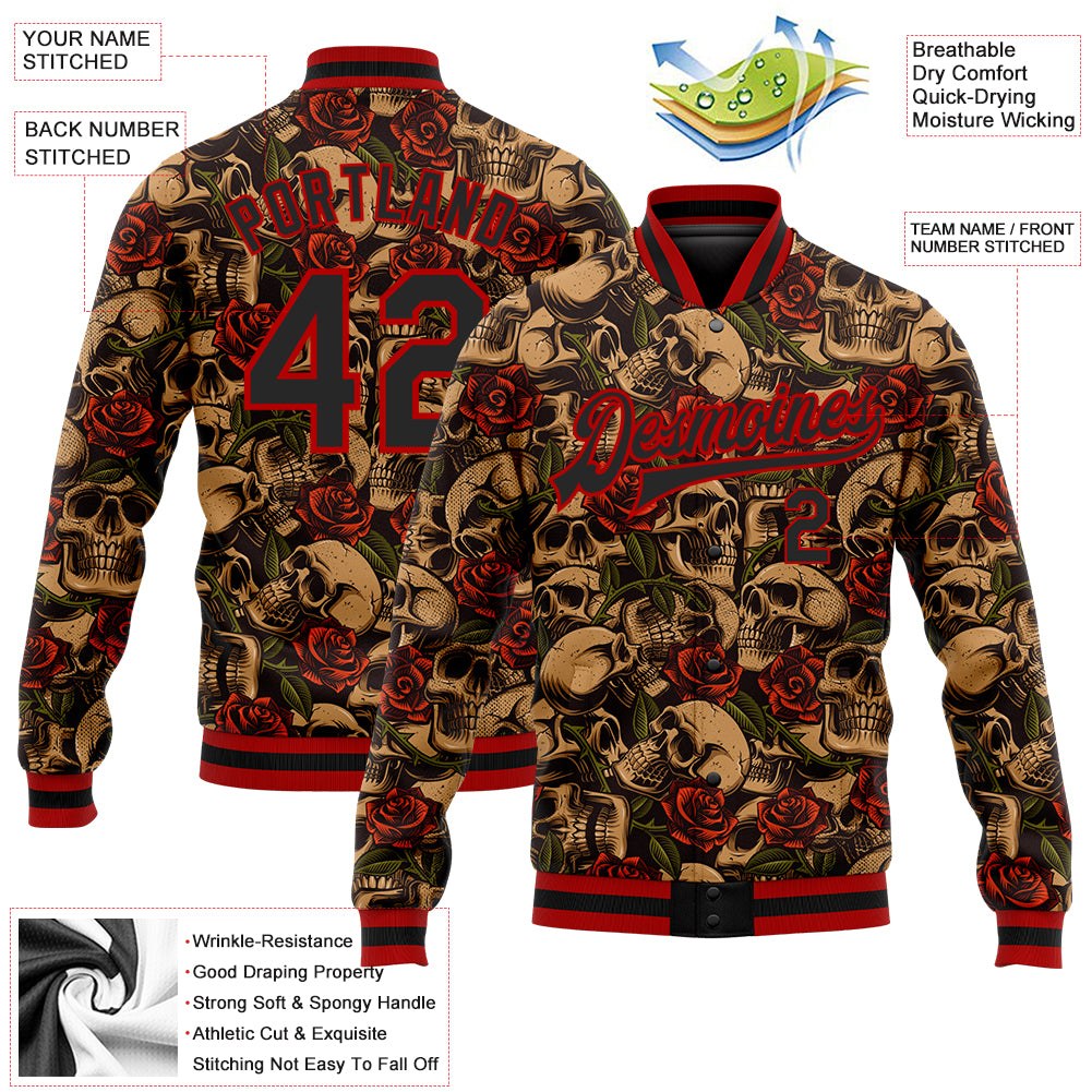 Custom Black Red Rose Skull Fashion 3D Bomber Full-Snap Varsity Letterman Jacket photo 5