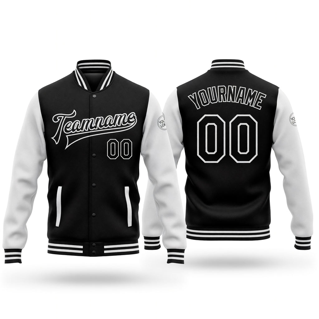 Custom Black White Bomber Full-Snap Varsity Letterman Two Tone Jacket