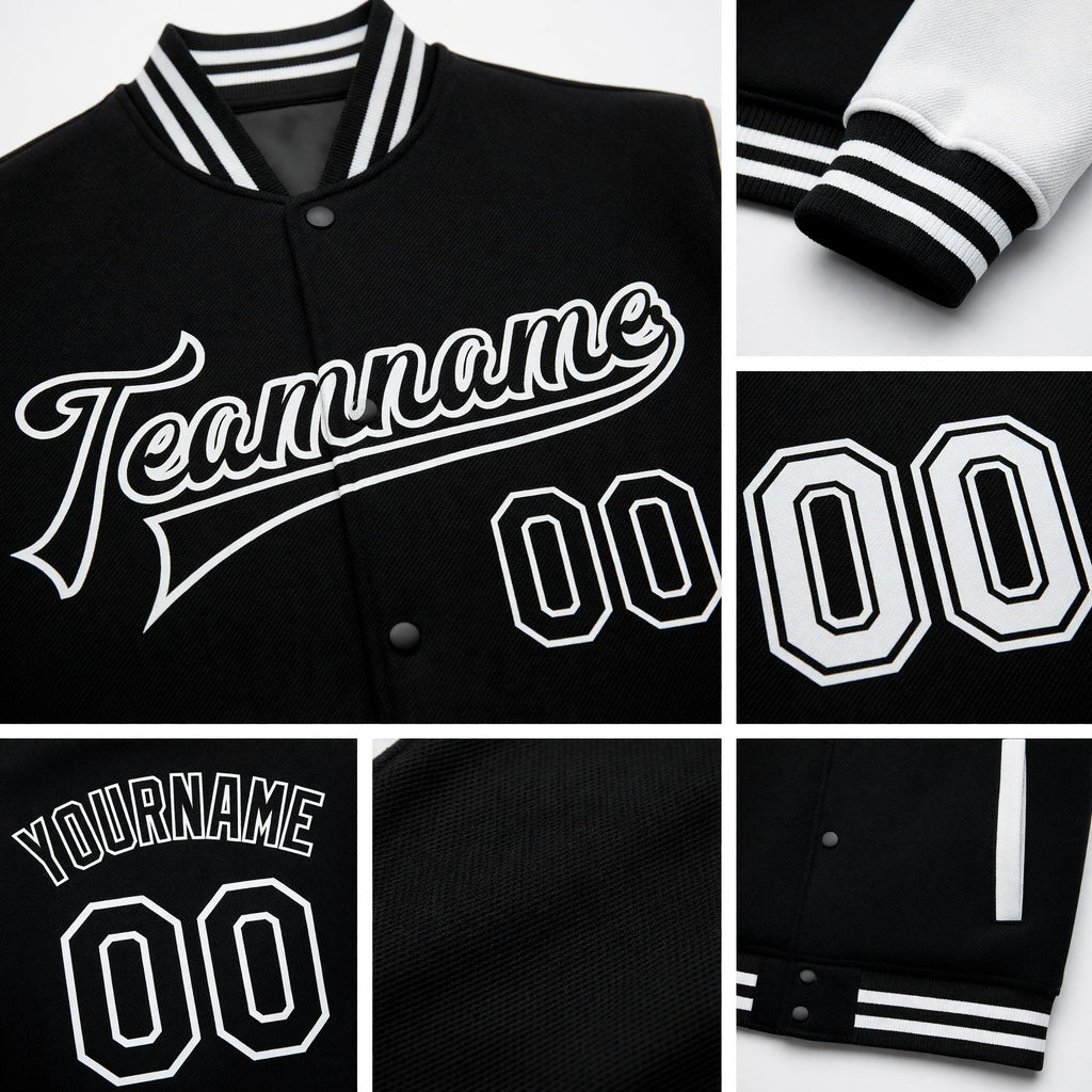 Custom Black White Bomber Full-Snap Varsity Letterman Two Tone Jacket detail