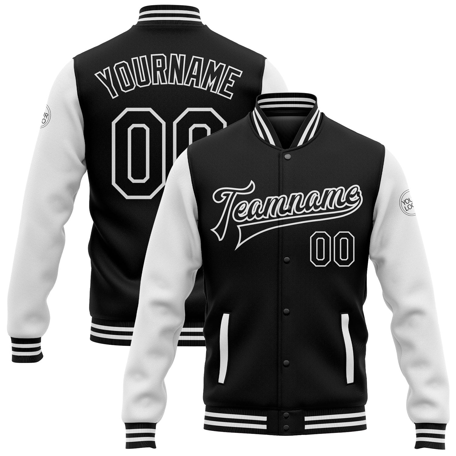 Custom Black White Bomber Full-Snap Varsity Letterman Two Tone Jacket photo 1
