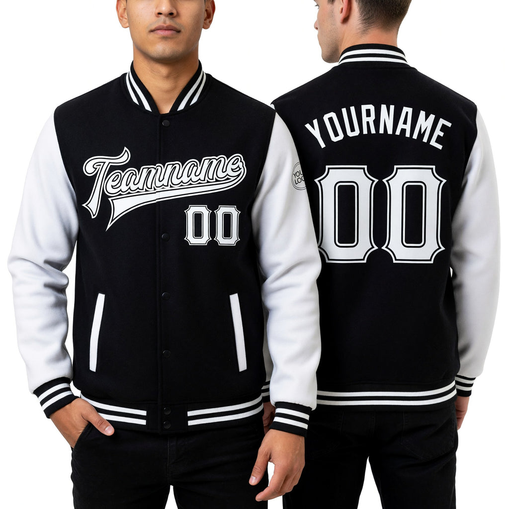 Custom Black White Bomber Full-Snap Varsity Letterman Two Tone Jacket worn front and back