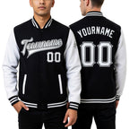 Custom Black White Bomber Full-Snap Varsity Letterman Two Tone Jacket worn front and back
