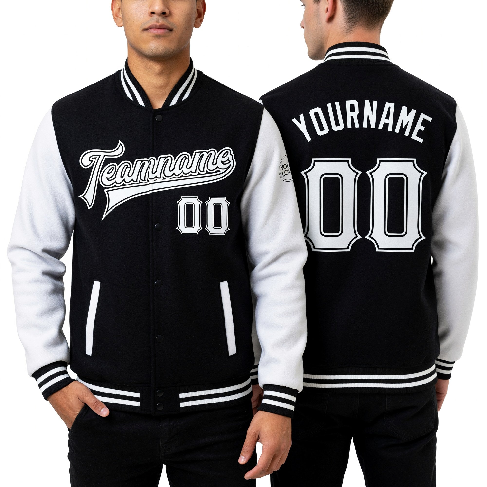 Custom Black White Bomber Full-Snap Varsity Letterman Two Tone Jacket worn front and back