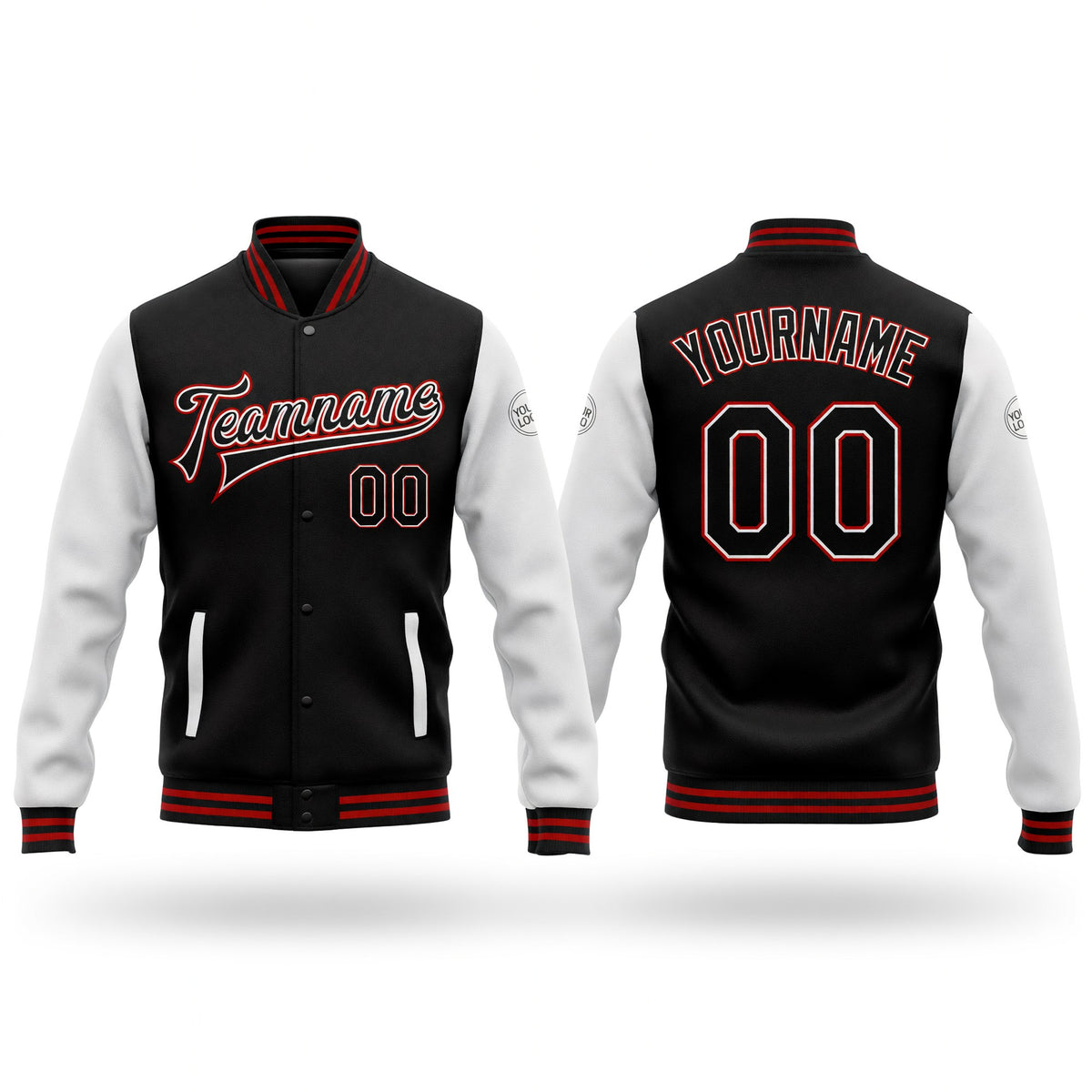 Custom Black White-Red Bomber Full-Snap Varsity Letterman Two Tone Jacket