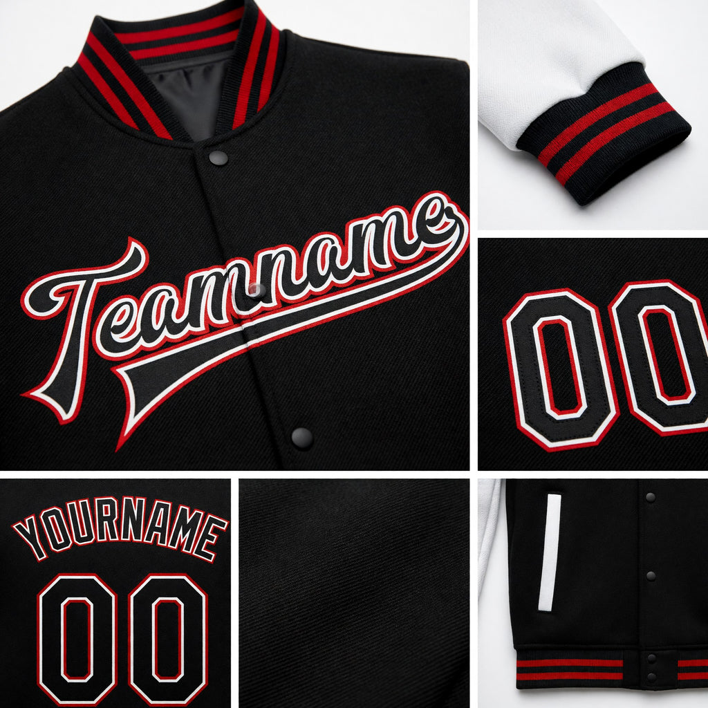 Custom Black White-Red Bomber Full-Snap Varsity Letterman Two Tone Jacket detail