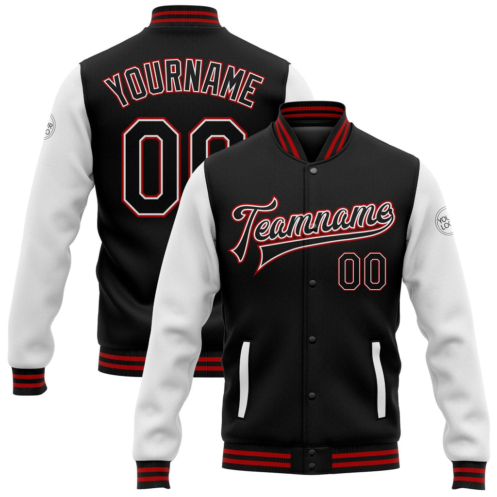 Custom Black White-Red Bomber Full-Snap Varsity Letterman Two Tone Jacket photo 1