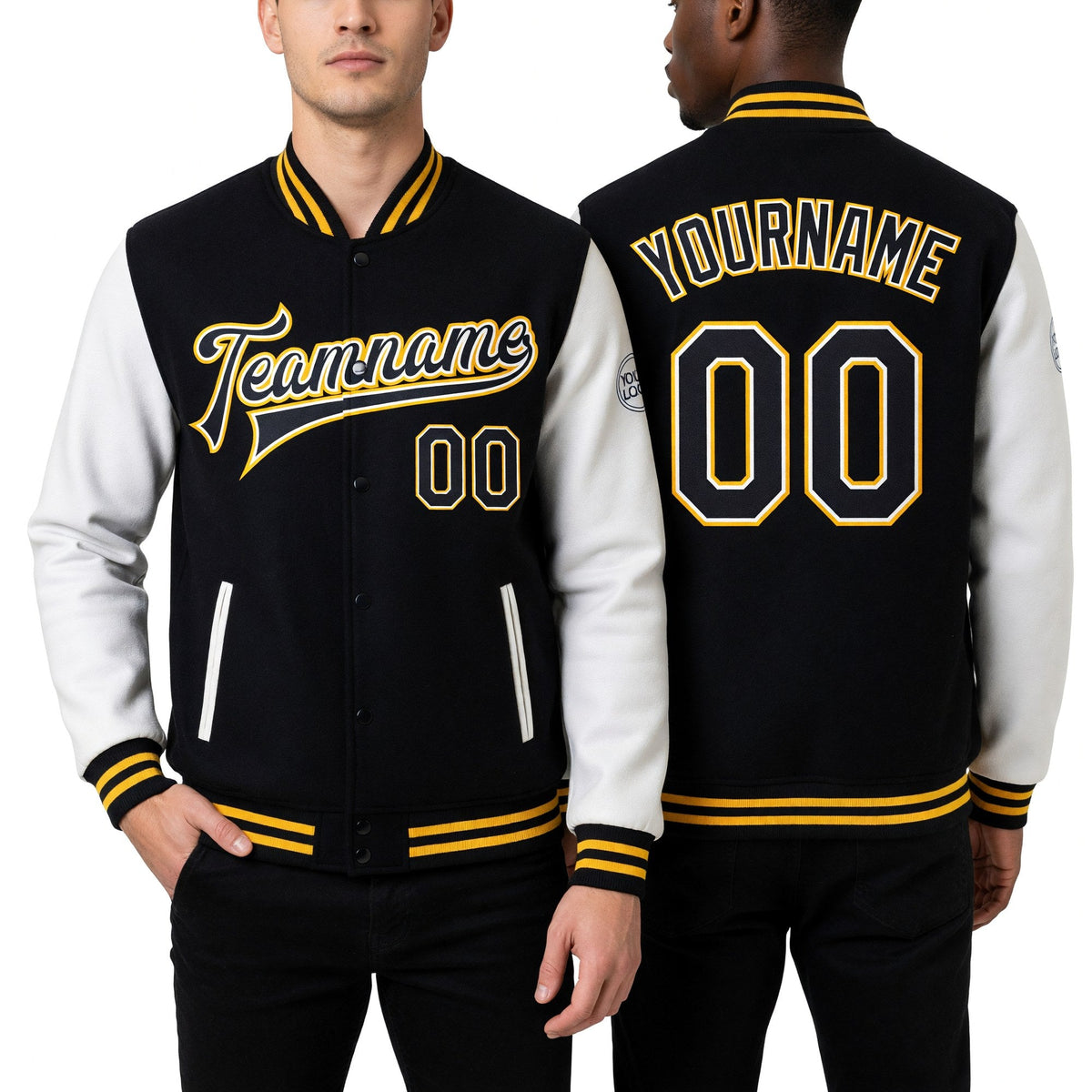 Custom Black White-Gold Bomber Full-Snap Varsity Letterman Two Tone Jacket worn front and back