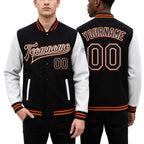 Custom Black White-Orange Bomber Full-Snap Varsity Letterman Two Tone Jacket worn front and back