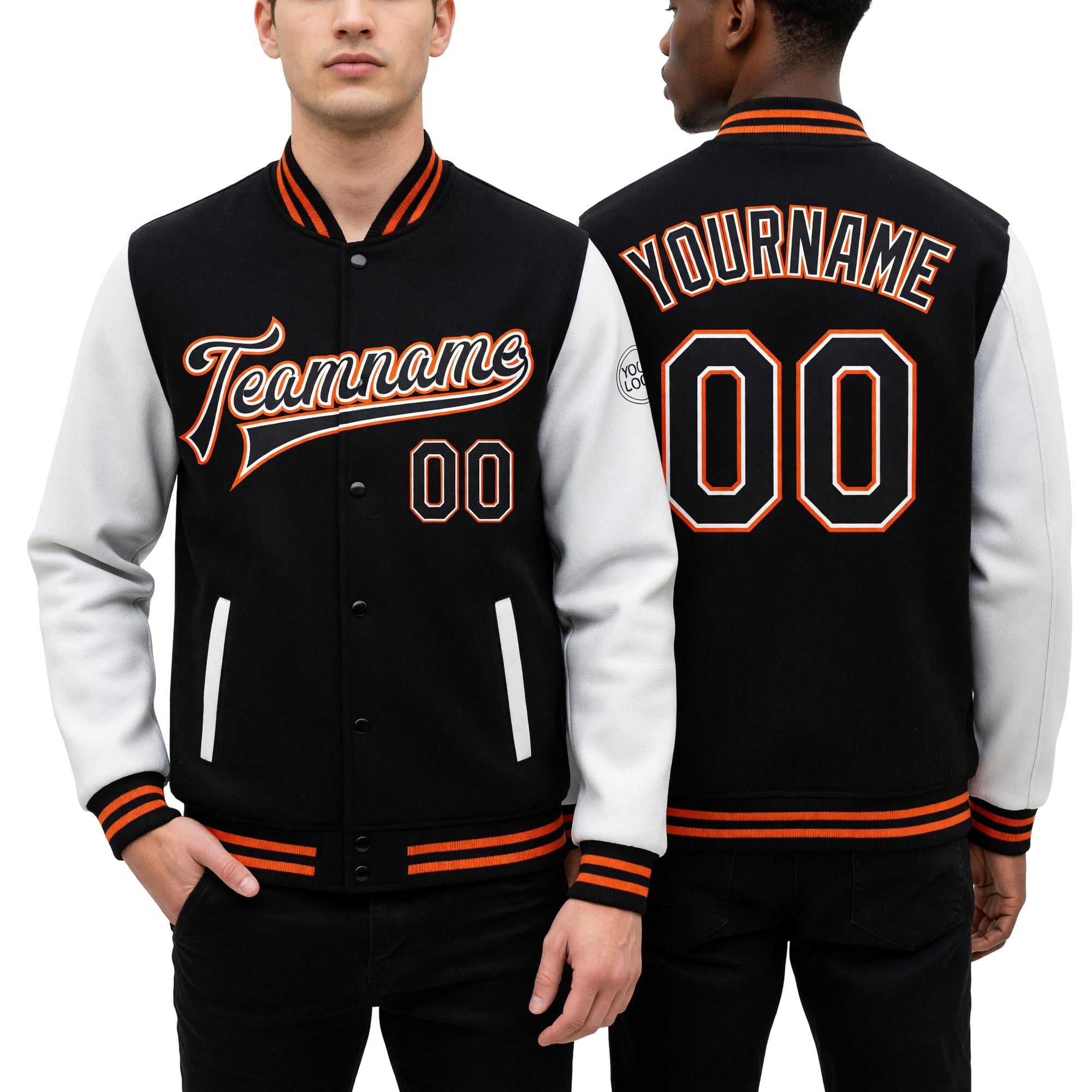 Custom Black White-Orange Bomber Full-Snap Varsity Letterman Two Tone Jacket worn front and back