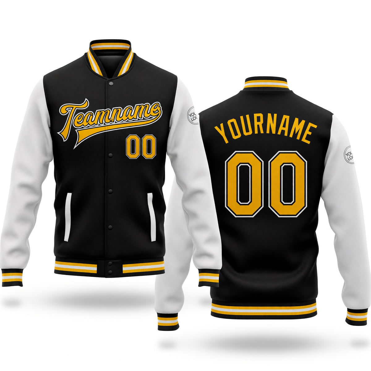 Custom Black Gold-White Bomber Full-Snap Varsity Letterman Two Tone Jacket
