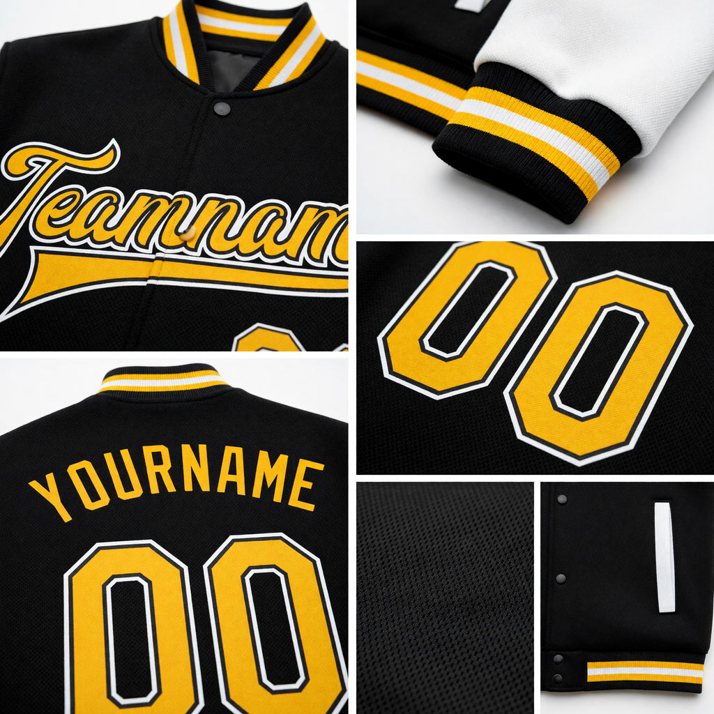Custom Black Gold-White Bomber Full-Snap Varsity Letterman Two Tone Jacket detail