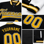 Custom Black Gold-White Bomber Full-Snap Varsity Letterman Two Tone Jacket detail