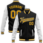 Custom Black Gold-White Bomber Full-Snap Varsity Letterman Two Tone Jacket photo 1