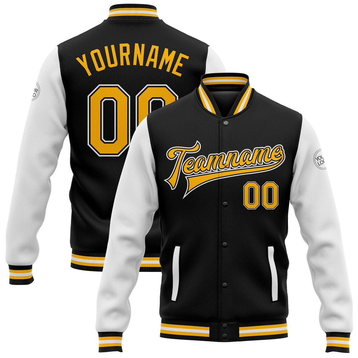 Custom Black Gold-White Bomber Full-Snap Varsity Letterman Two Tone Jacket photo 1