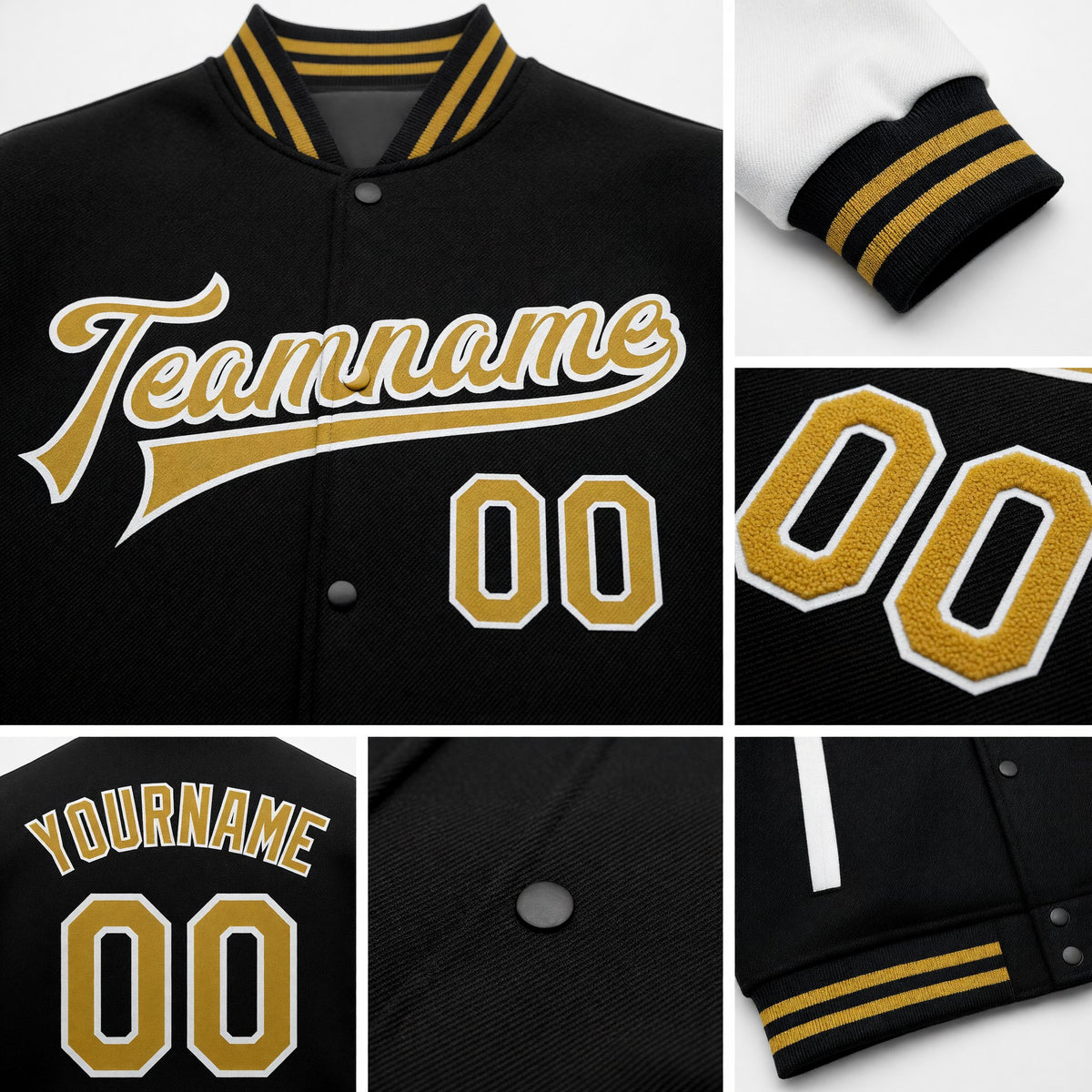 Custom Black Old Gold-White Bomber Full-Snap Varsity Letterman Two Tone Jacket detail