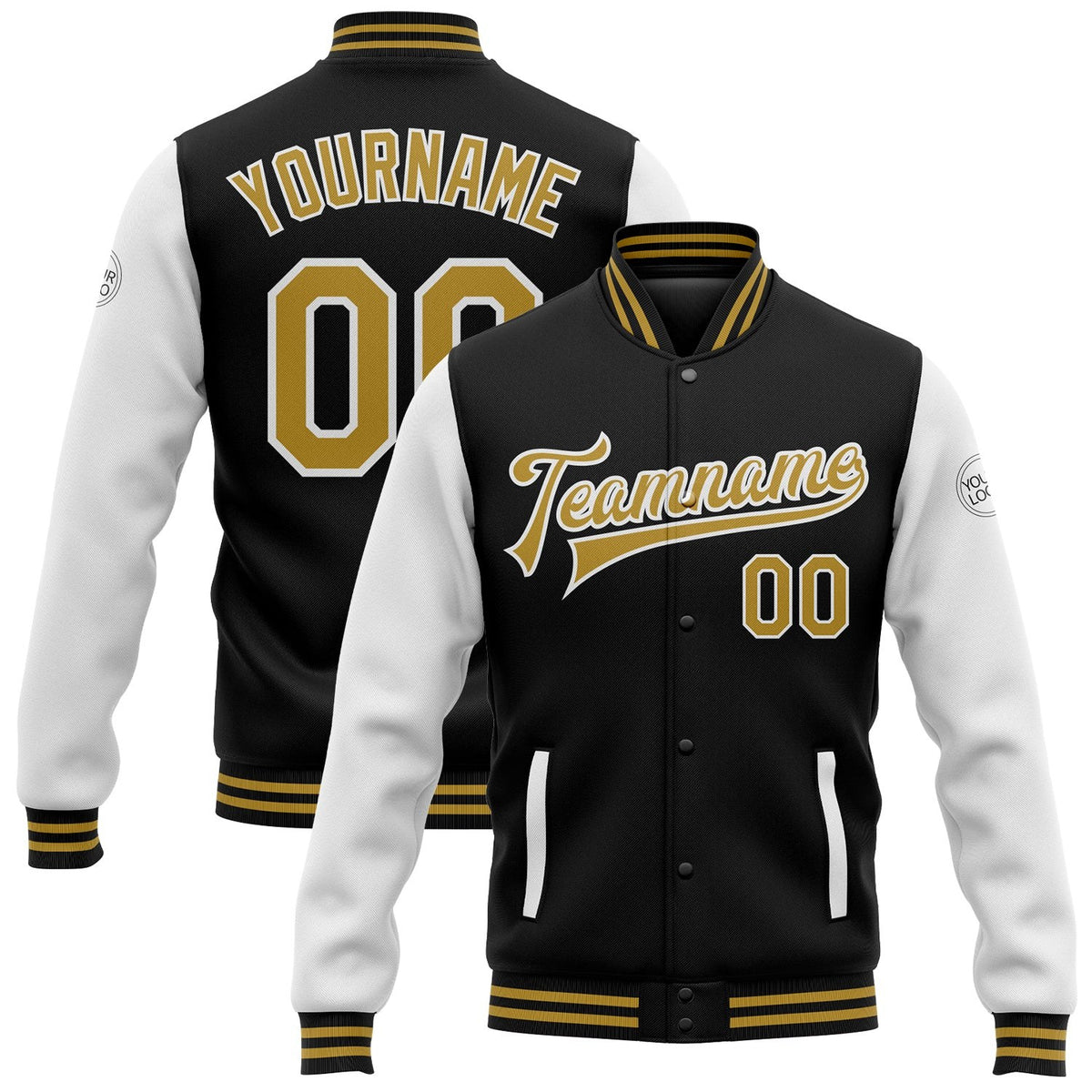 Custom Black Old Gold-White Bomber Full-Snap Varsity Letterman Two Tone Jacket photo 1