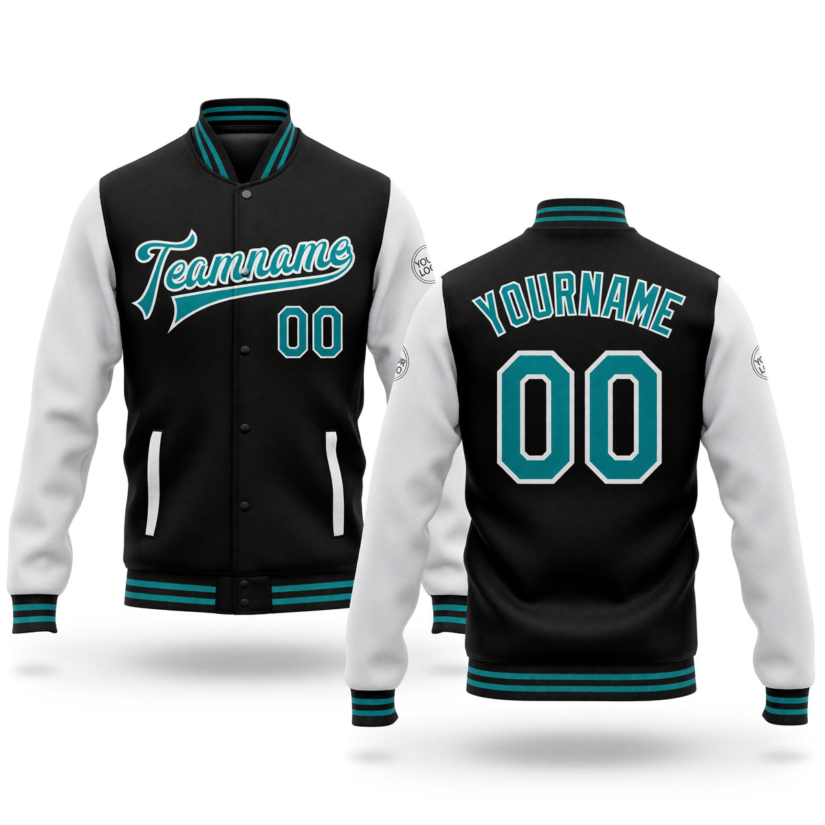 Custom Black Teal-White Bomber Full-Snap Varsity Letterman Two Tone Jacket