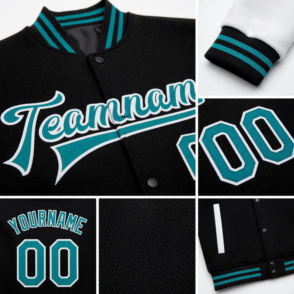 Custom Black Teal-White Bomber Full-Snap Varsity Letterman Two Tone Jacket detail