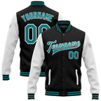 Custom Black Teal-White Bomber Full-Snap Varsity Letterman Two Tone Jacket photo 1