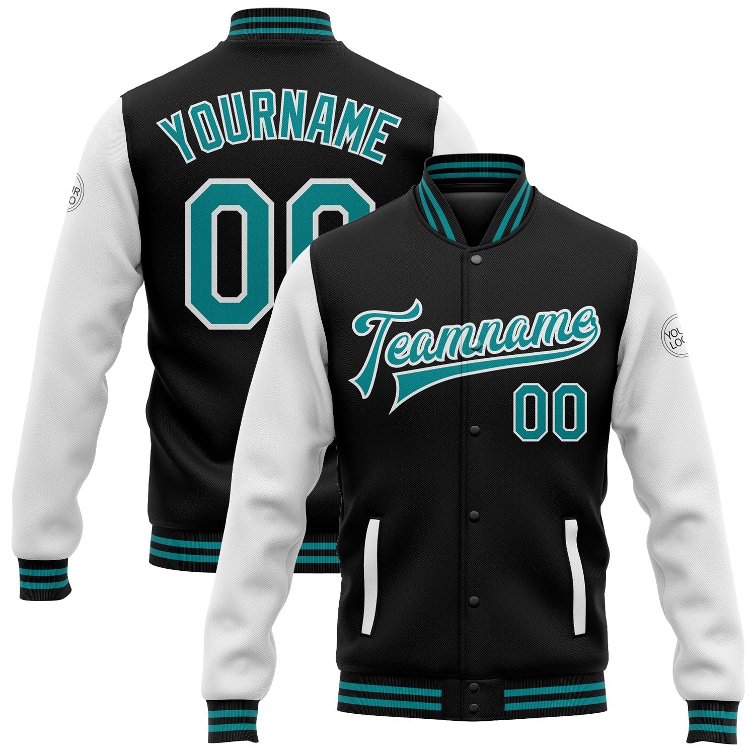Custom Black Teal-White Bomber Full-Snap Varsity Letterman Two Tone Jacket photo 1