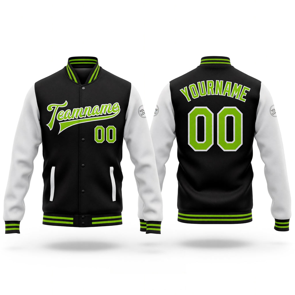 Custom Black Neon Green-White Bomber Full-Snap Varsity Letterman Two Tone Jacket