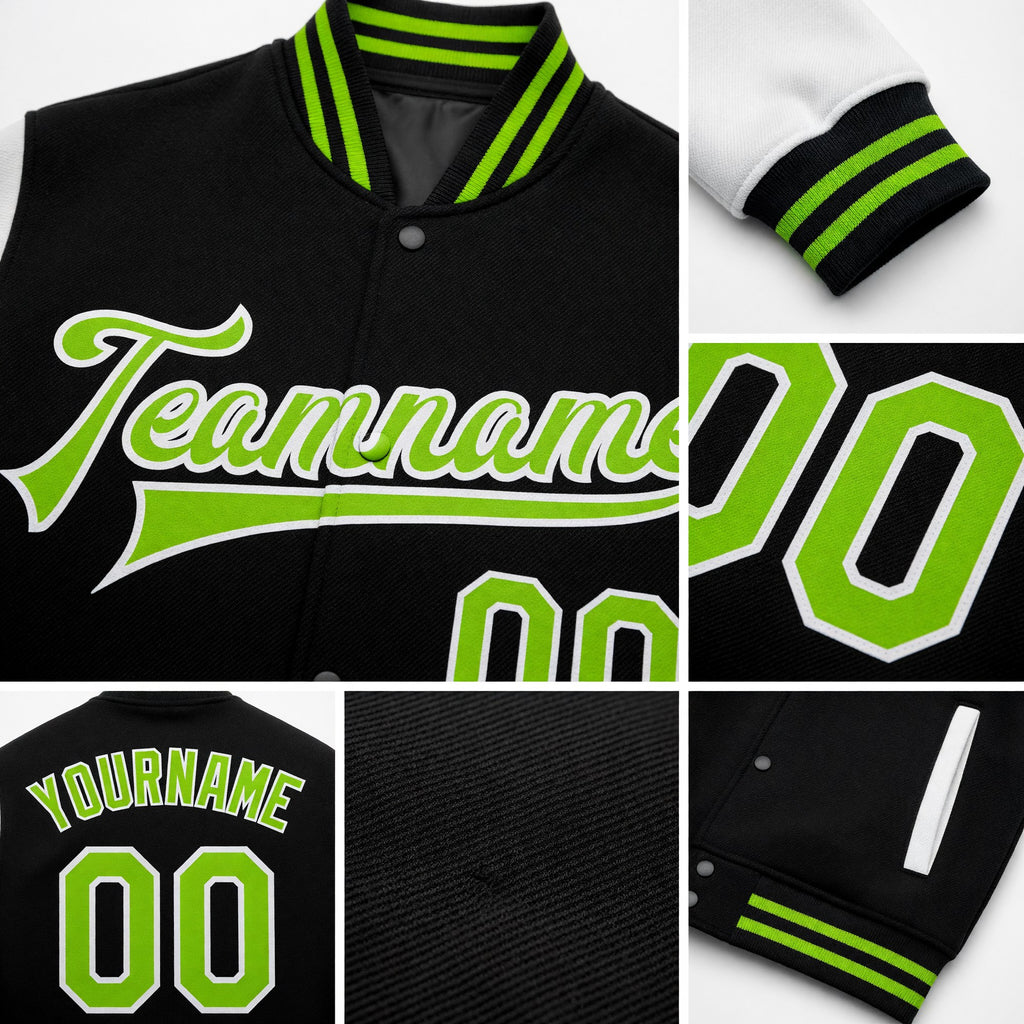 Custom Black Neon Green-White Bomber Full-Snap Varsity Letterman Two Tone Jacket detail