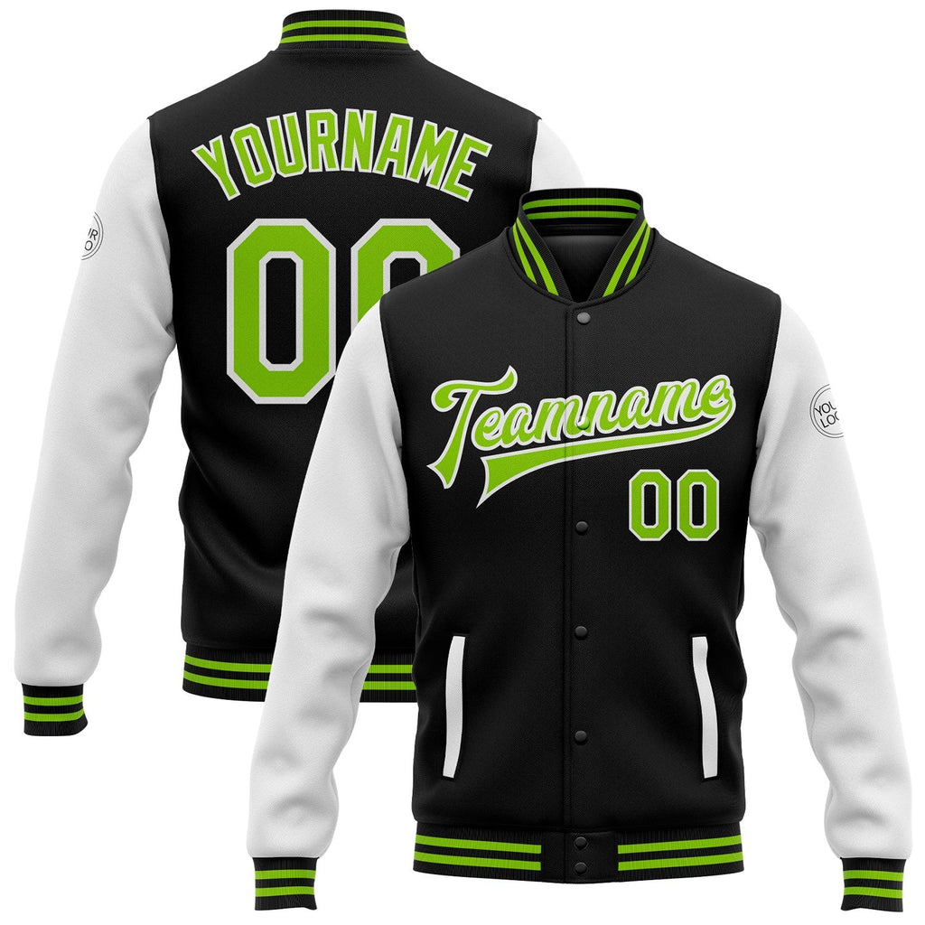 Custom Black Neon Green-White Bomber Full-Snap Varsity Letterman Two Tone Jacket photo 1