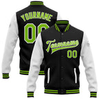 Custom Black Neon Green-White Bomber Full-Snap Varsity Letterman Two Tone Jacket photo 1
