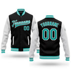 Custom Black Aqua-White Bomber Full-Snap Varsity Letterman Two Tone Jacket