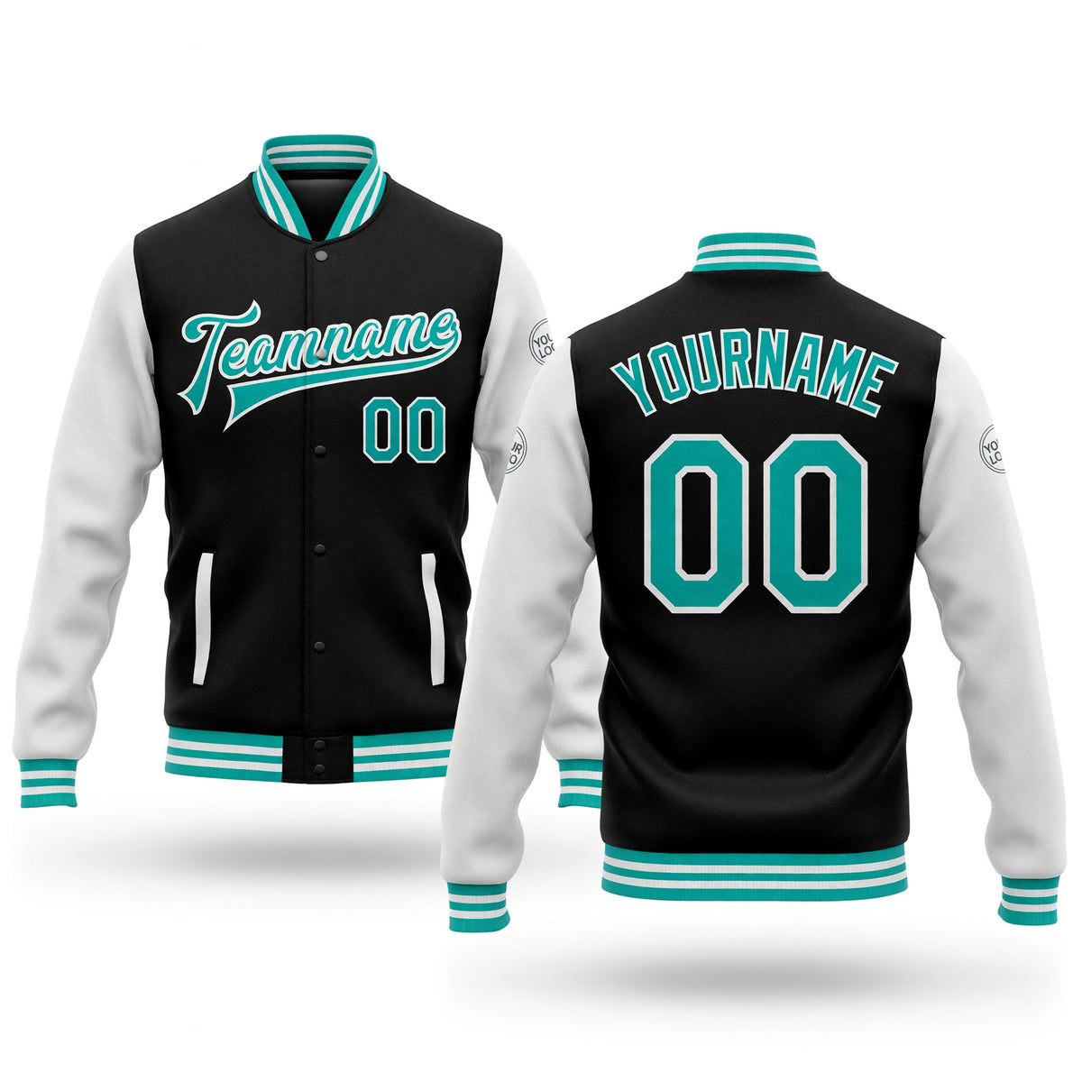 Custom Black Aqua-White Bomber Full-Snap Varsity Letterman Two Tone Jacket