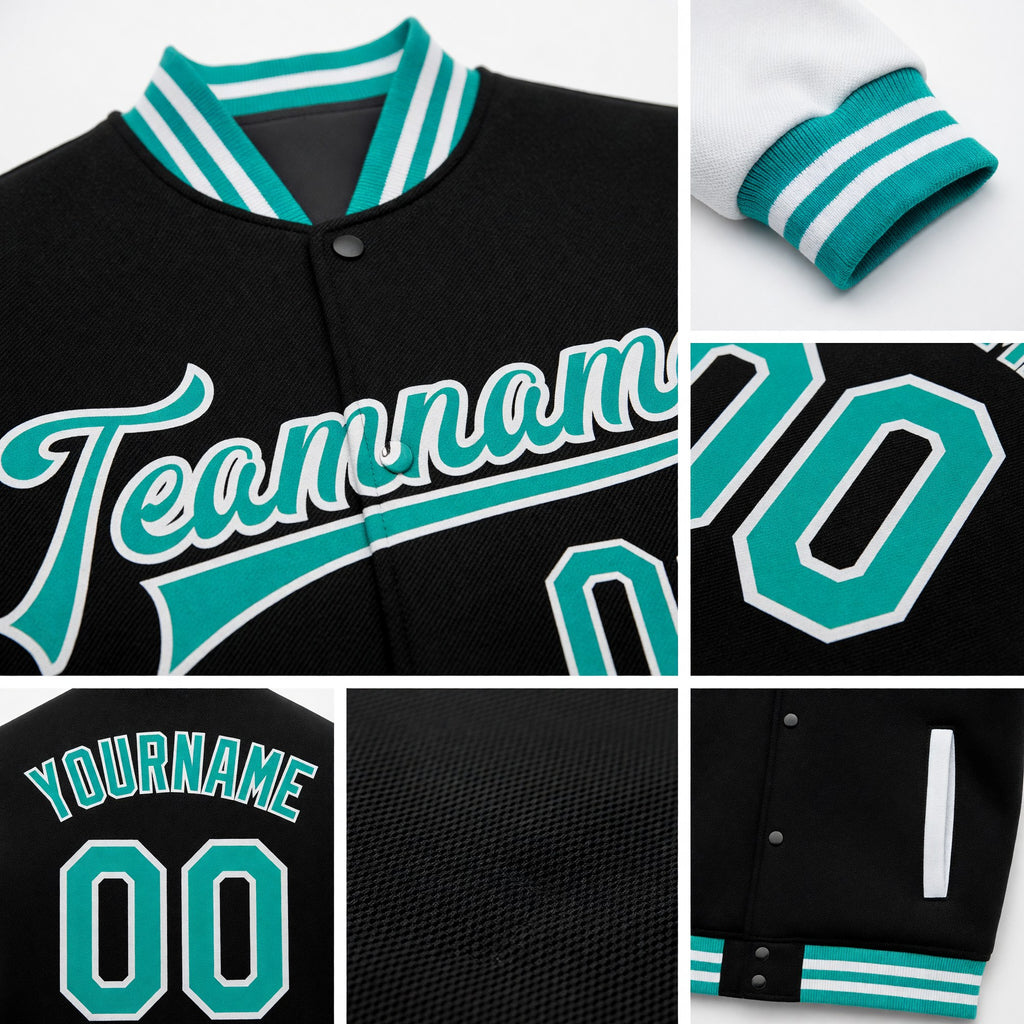 Custom Black Aqua-White Bomber Full-Snap Varsity Letterman Two Tone Jacket detail