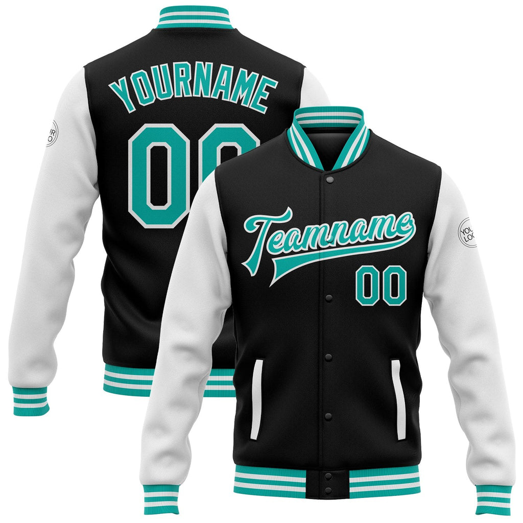 Custom Black Aqua-White Bomber Full-Snap Varsity Letterman Two Tone Jacket photo 1