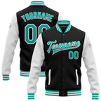 Custom Black Aqua-White Bomber Full-Snap Varsity Letterman Two Tone Jacket photo 1
