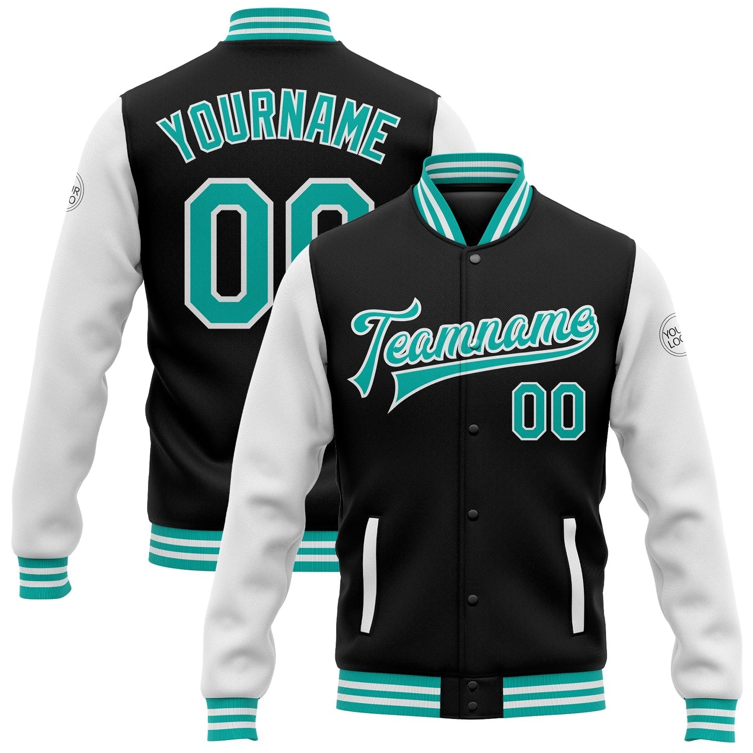 Custom Black Aqua-White Bomber Full-Snap Varsity Letterman Two Tone Jacket photo 1