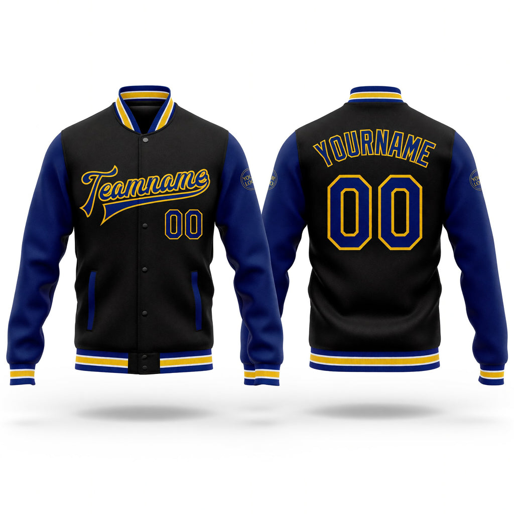 Custom Black Royal-Yellow Bomber Full-Snap Varsity Letterman Two Tone Jacket