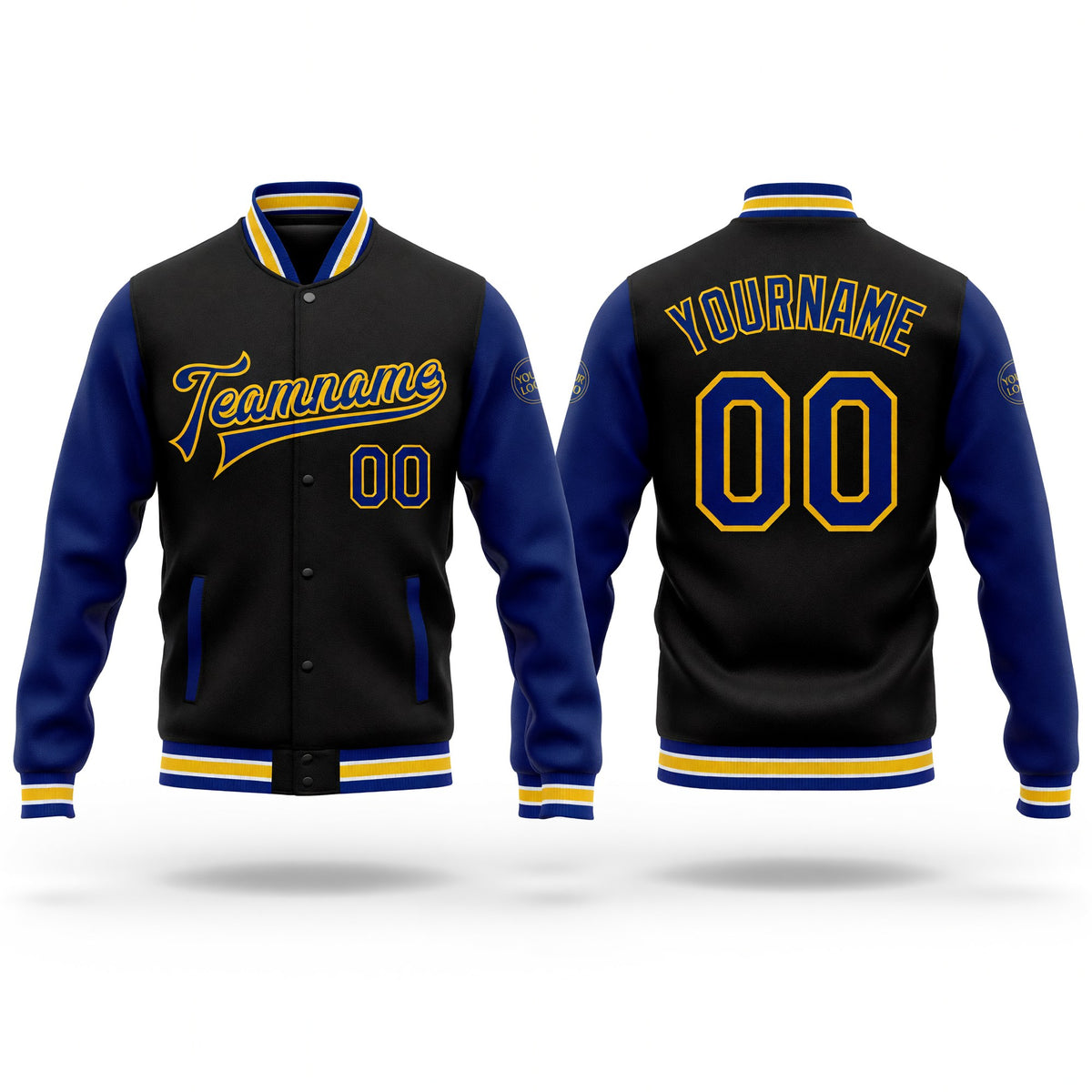 Custom Black Royal-Yellow Bomber Full-Snap Varsity Letterman Two Tone Jacket