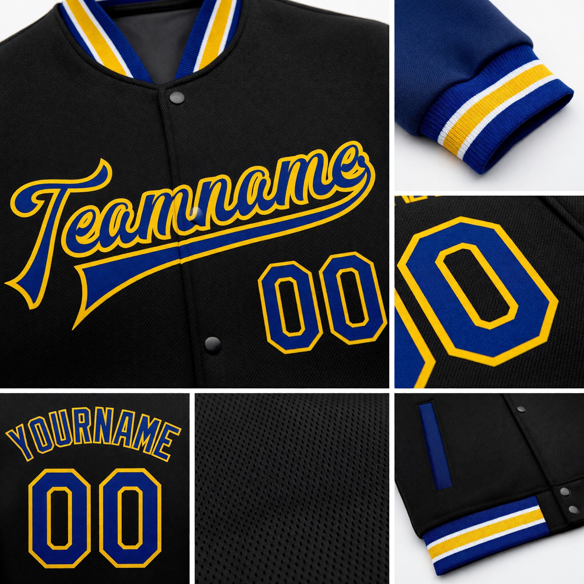 Custom Black Royal-Yellow Bomber Full-Snap Varsity Letterman Two Tone Jacket detail