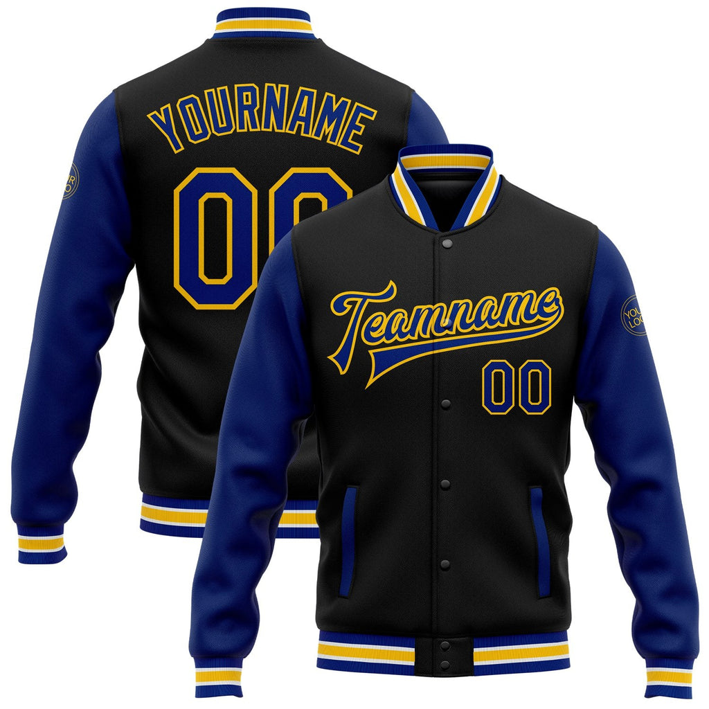 Custom Black Royal-Yellow Bomber Full-Snap Varsity Letterman Two Tone Jacket photo 1